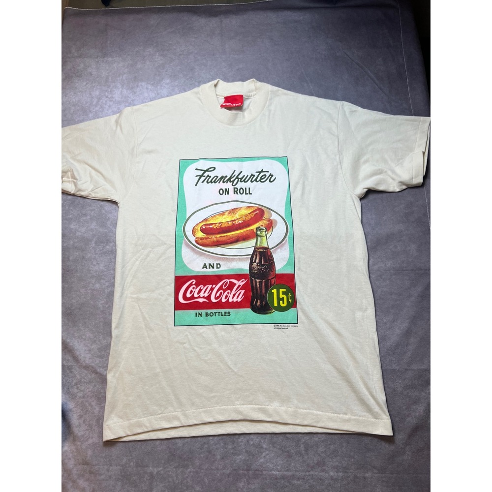 Coca-Cola T-Shirt Mens Large Cream 1995 Vintage Frankfurter Graphic Tee USA Made